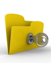 Yellow computer folder with key. Isolated 3d image